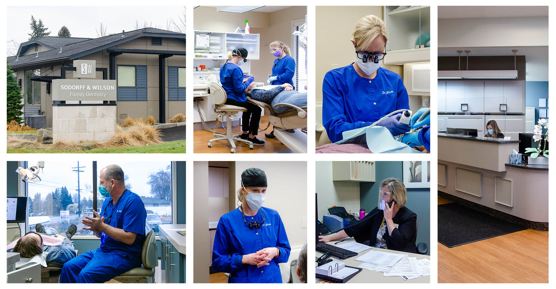 A collage of our dental office showing the doctors and our assistants